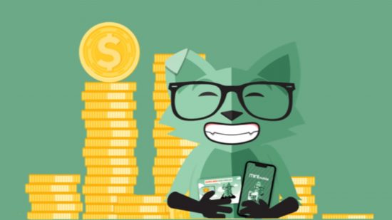 best Mint Mobile plans: a green cartoon fox in front of a stack of coins, holding a phone
