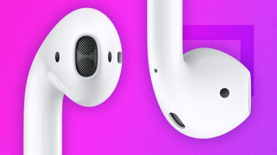 A picture of a pair of the best earbuds for iPhone over a purple background