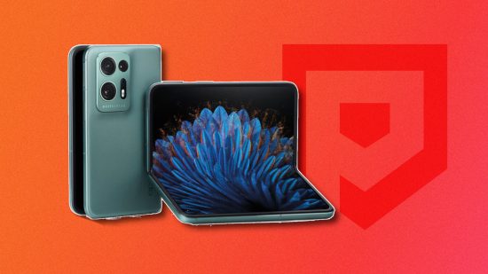 Best foldable phones: The Oppo Find N2 Fold in dark green showing both sides of the phone, outlined in white and drop shadowed on a red PT background