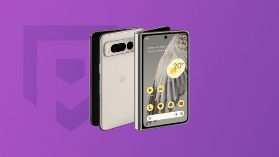 The Google Pixel Fold on a purple background showing the front and back of the phone