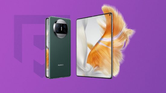 The Huawei Mate X3 on a purple background in a folded position and open