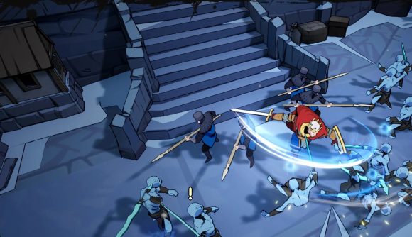 Best gacha games: Age of Frostfall. Image shows soldiers fighting with swords near an icy staircase.