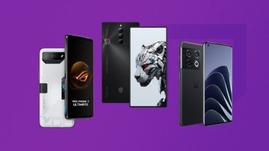 Three of the best gaming phones on a dark purple background