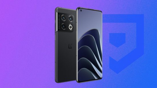 best gaming phones - the OnePlus 10 Pro on a purple Pocket Tactics background