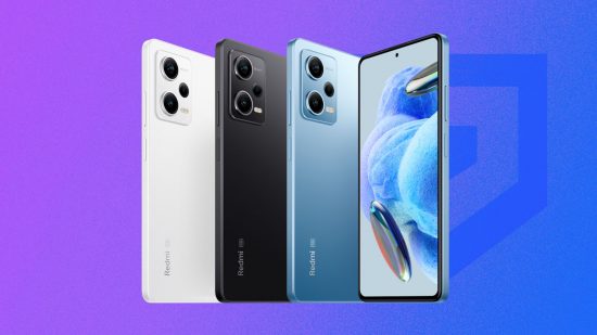 best gaming phones - Redmi Note 12 Pro 5G phones in different colors on a purple background
