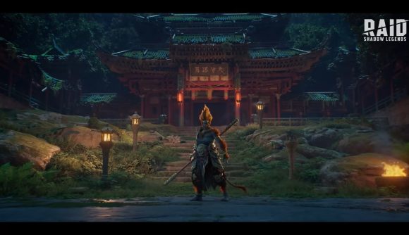 Best iPad games: Raid: Shadow Legends. Image shows Sun Wukong standing outside a temple,
