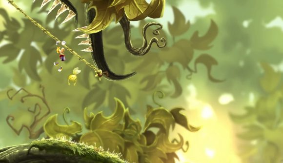 Best iPad games: Rayman Mini. Image shows Rayman swinging along on a vine amidst the undergrowth.