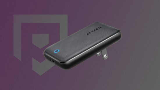 The Anker PowerPort Atom III Slim in front of a pt purple and grey background