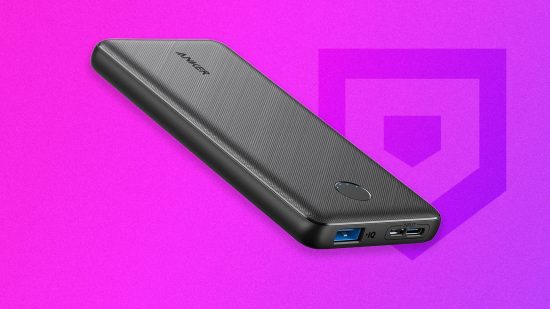 Best power banks: The Anker PowerCore Slim on a pink to purple gradient background featuring the Pocket Tactics P logo subtly in the background