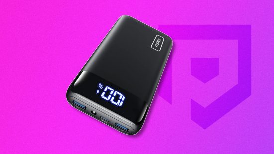 One of the best power banks, the Iniu 20,000 mAh, on a purple background