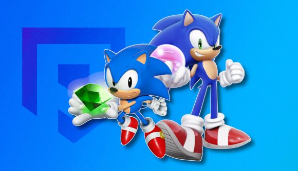 Sonic games: Modern Sonic from Dream Team and retro Sonic from Superstars both holding mcguffins, outlined in white and drop shadowed on a Sonic-blue PT background