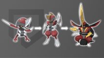 Bisharp evolution line in order with Pawniard, Bisharp, and Kingambit in front of a grey background