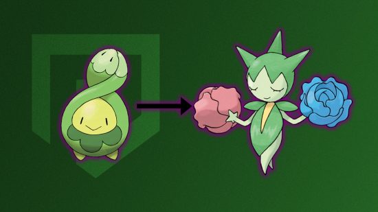 Budew evolution: Budew and Roselia surrounded by a purple hue in front of a green background