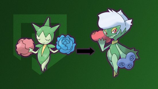 Budew evolution: Roselia and Roserade surrounded by a purple hue in front of a green background