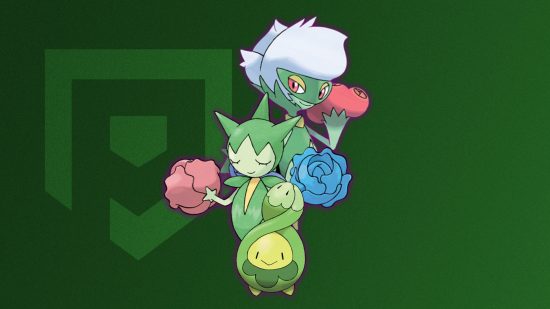 Budew evolution: Budew, Roselia, and Roserade surrounded by a purple hue in front of a green background