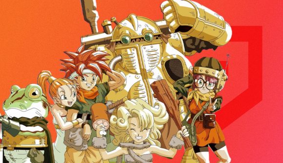 Chrono Trigger Switch - a group of Chrono Trigger characters against a red background with the Pocket Tactics logo on it