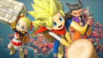 City builder games: The cast of Dragon Quest Builders 2 on a blurred screenshot from townscapes