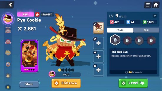 Cookie Run: Tower of Adventures screenshot showing Rye Cookie's equipment page