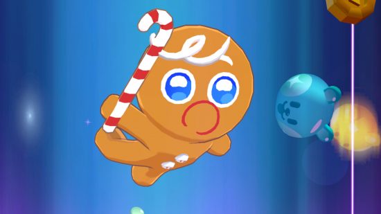 Cookie Run: Tower of Adventures screenshot showing GingerBrave falling in a blue vortex with gummy bears and coins around him
