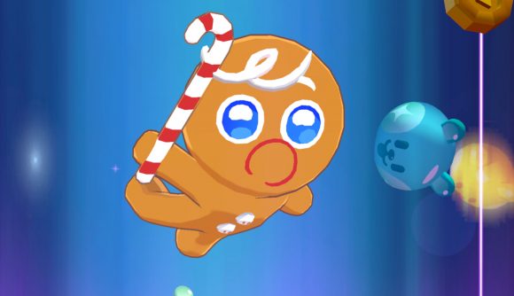 Cookie Run: Tower of Adventures screenshot showing GingerBrave falling in a blue vortex with gummy bears and coins around him