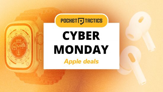 Cyber Monday Apple deals written on a white card beneath a Pocket Tactics logo with Apple products seen in the background.