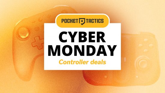 Cyber Monday controller deals, written over a picture of controllers.