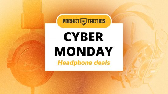 Cyber Monday headphone deals written on a white card over a background that has headphones on it.
