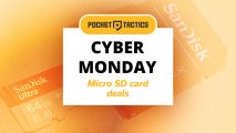Cyber Monday Micro SD deals written on a white tile beneath a Pocket Tactics logo and a picture of Micro SD cards.