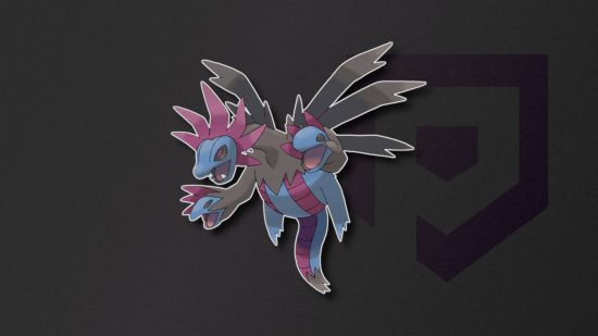Dark Pokemon: Hydreigon outlined in white and pasted on a black PT background