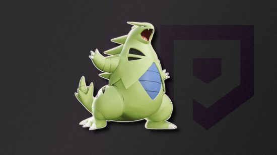 Dark Pokemon: Tyranitar outlined in white and pasted on a black background