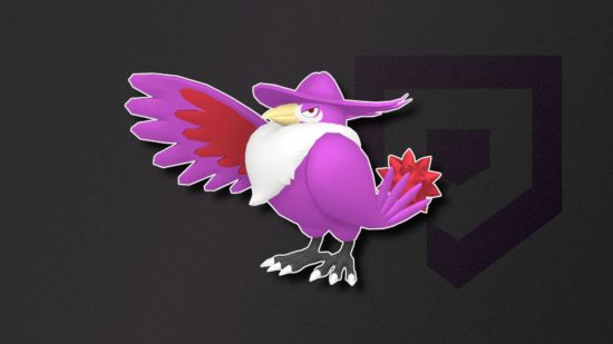Dark Pokemon: Shiny pink Honchkrow outlined in white and pasted on a dark background