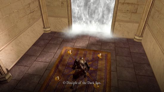 Dark Souls Gwyndolin boss fog with a Chosen Undead kneeling in front of it