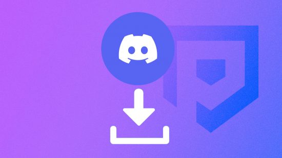 Discord download: The Discord logo in a purple circle pasted on a blue-purple PT background. A white download icon is below it