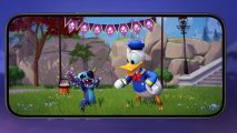 Disney Dreamlight Valley: Arcade Edition - a picture of Stitch and Donald celebrating together on an iPhone