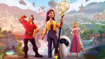 A promotional image from the Disney Dreamlight Valley showcase, showing Gaston, EVE, and Rapunzel around a player character