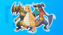Dragon Pokemon weakness: Haxorus, Dragonite, and Garchomp in front of a mid blue background
