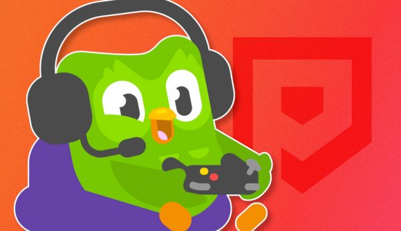 Educational games - the Duolingo owl sat on a purple bean bag holding a videogame controller