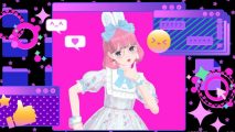 Fashion Dreamer review: A player character with bobbed pink hair and bangs wearing round glasses, white bunny ears with a blue bow, and a blue and white OP sweet lolita dress, posing in a photo booth filled with pink, purple, and black vaporwave computer motifs