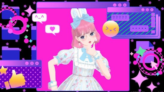 Fashion Dreamer review: A player character with bobbed pink hair and bangs wearing round glasses, white bunny ears with a blue bow, and a blue and white OP sweet lolita dress, posing in a photo booth filled with pink, purple, and black vaporwave computer motifs