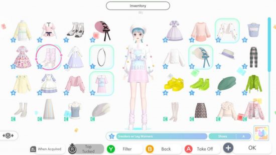 Fashion Dreamer review: A screenshot of the outfit choosing screen showing Daz's player character with blue hair, a white beret, a white pompom cardigan over a pink tshirt dress with an oversized square collar, pink legwarmers, and white sneakers