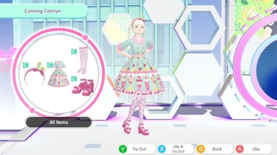 Fashion Dreamer review: A screenshot from the game showing an overview of Cunning Camryn's outfit, which features blonde hair in long braids, a 50s diner-style lolita dress in mint and pink with sundae motifs, striped pink socks, and pink heeled shoes