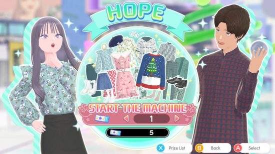 Fashion Dreamer review: A screenshot of the Cocoon Hope gacha screen showing a male and female character plus a selection of clothing items