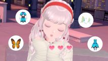 Fashion Dreamer winter update: A muse closing her eyes and pouting with three hearts below her. Around her are four new butterfly items in white bubbles