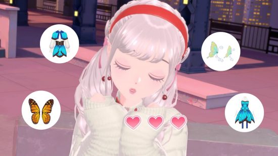 Fashion Dreamer winter update: A muse closing her eyes and pouting with three hearts below her. Around her are four new butterfly items in white bubbles