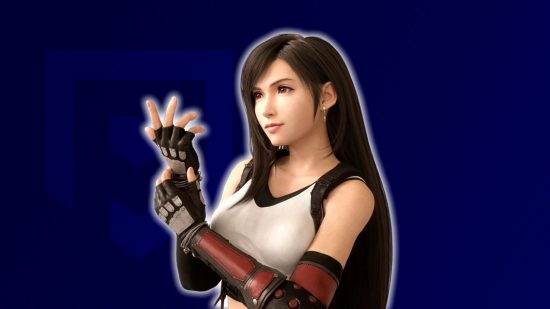 FFVII's Tifa Lockhart fixing her glove in front of a blue background