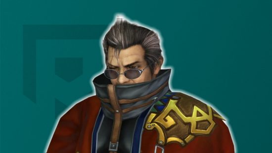 FFX Auron in front of a blue background