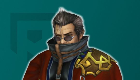 FFX Auron in front of a blue background