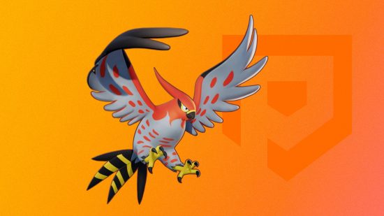 Fire Pokemon: Talonflame pasted on an orange PT background