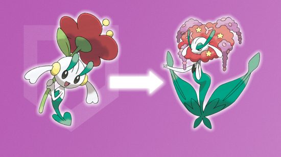 Floette evolution: Floette and Florges glowing in front of a pink background