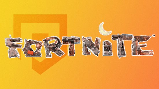 Fortnite logo: The original scrapyard Fortnite logo outlined in white and pasted on a yellow PT background
